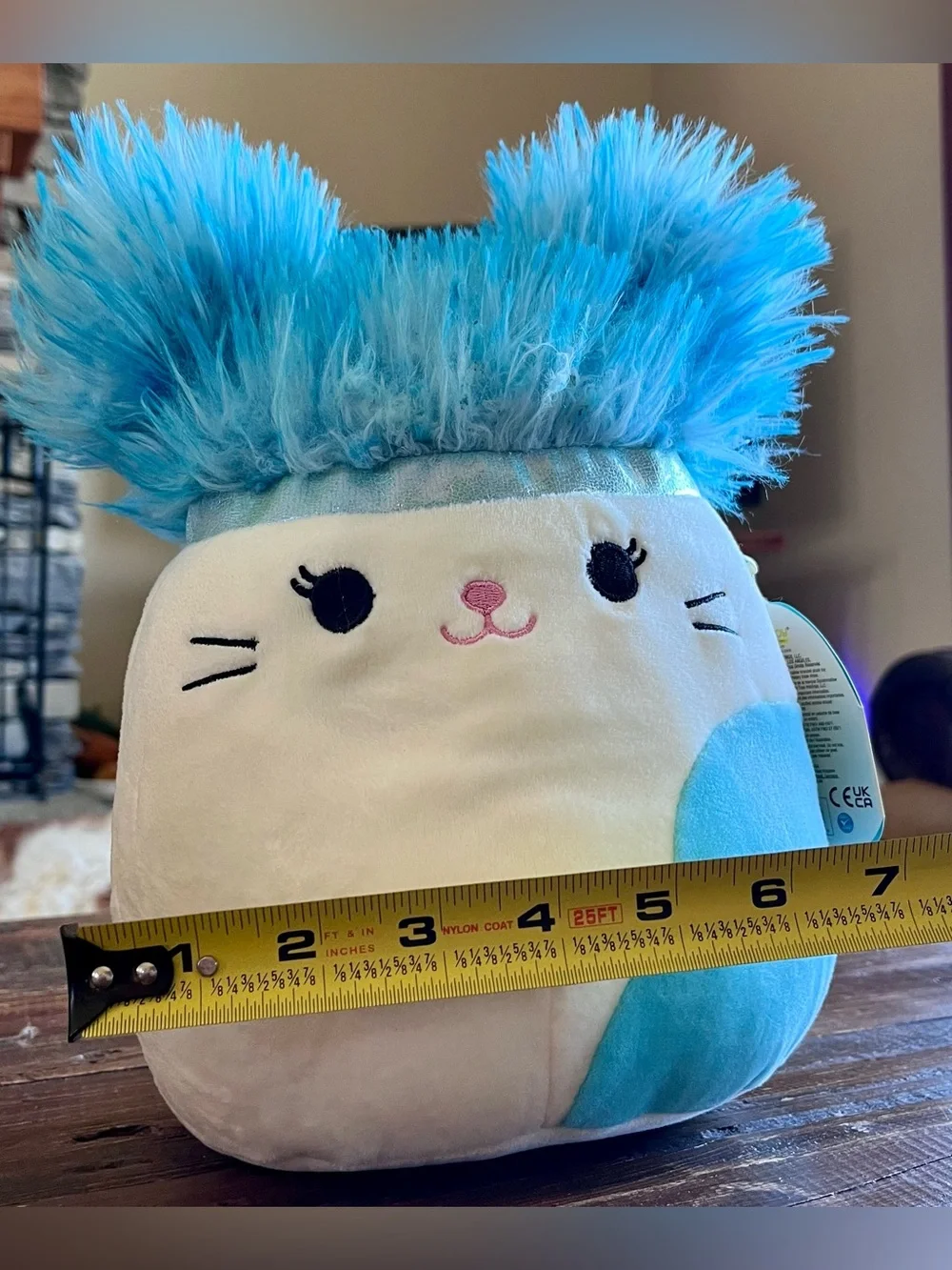 KellyToy Squishmellow Cora Calico Cat Squish-Doos Blue /White Fluffy Ears 10”NWT